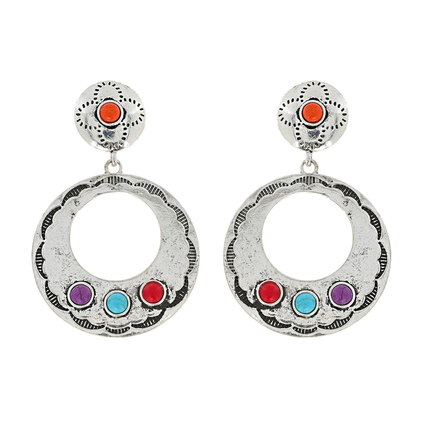 2 Tier Western Semi Stone Open Circle Dangle Earrings: Copper White