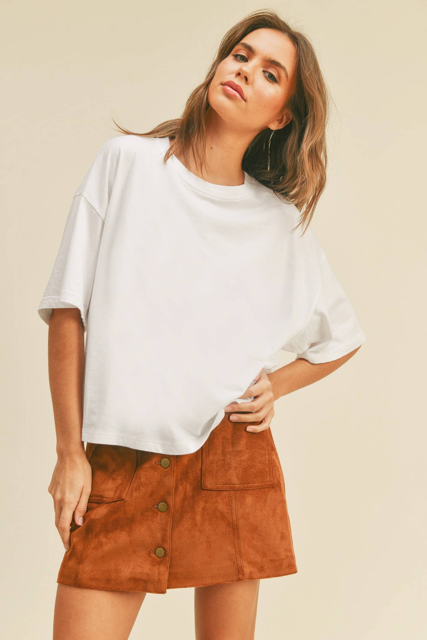 Blank Long Cropped Short Sleeve T-Shirt: VANILLA / S