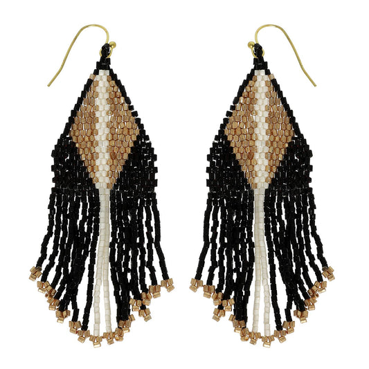 Western Native American Bead Fringe Earrings : Black