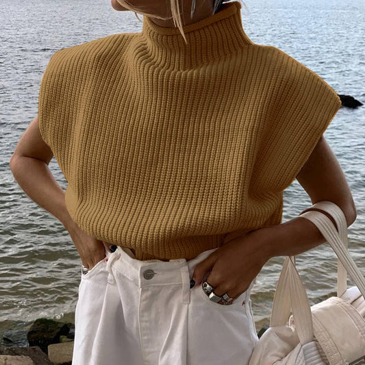 Turtleneck knit vest short sweater vest: Brown