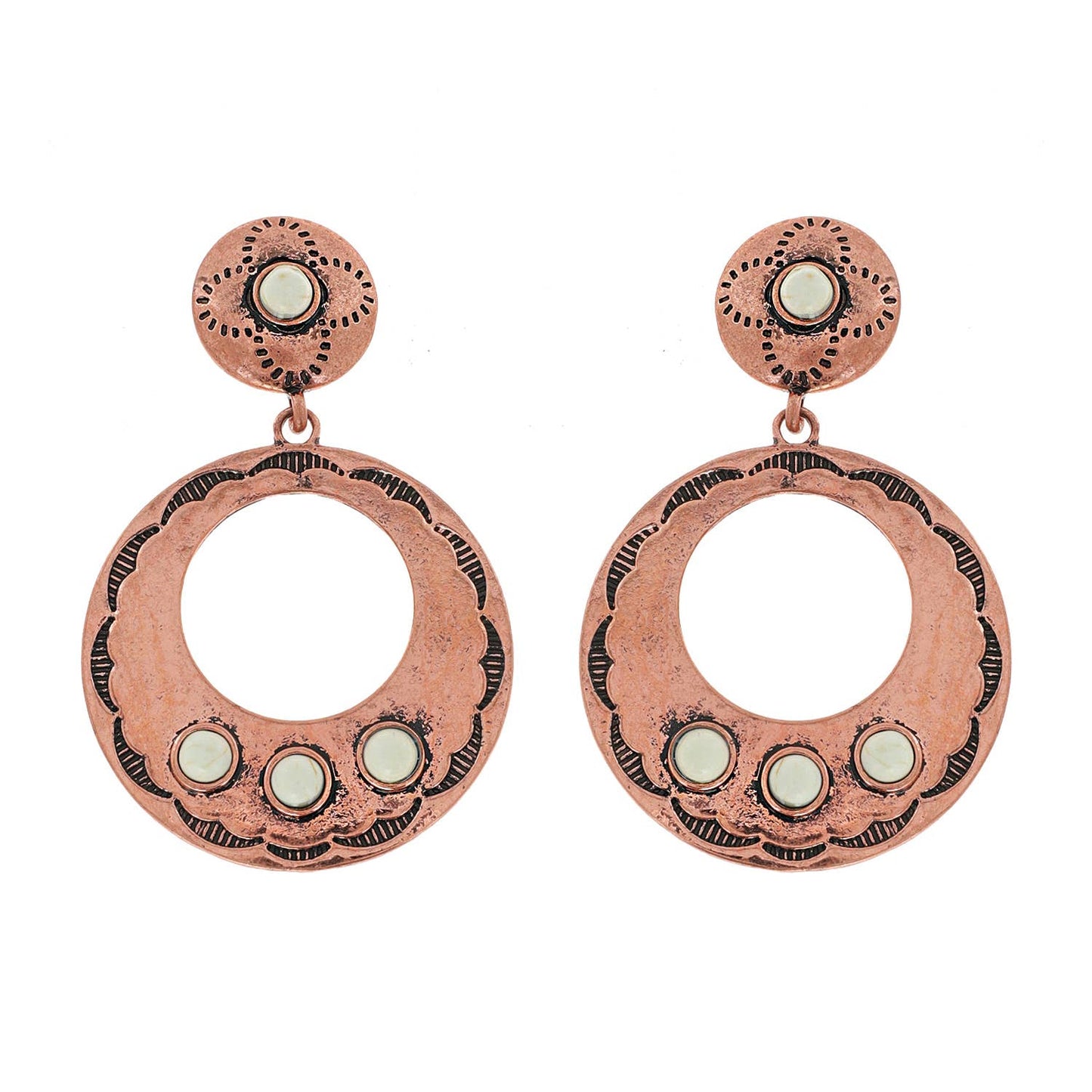 2 Tier Western Semi Stone Open Circle Dangle Earrings: Copper White