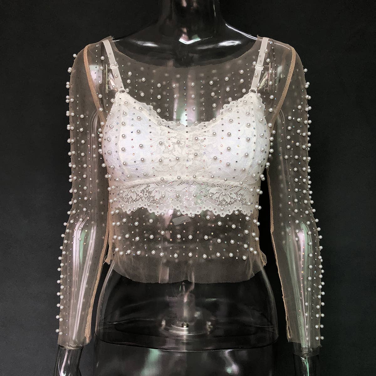 Pearl rhinestone studded sheer mesh see through T-shirt top: White / M
