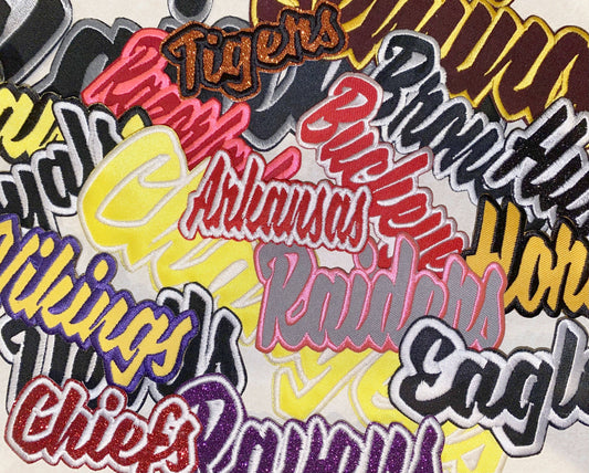 CUSTOM: Any Word or Mascot, Names, Embroidered Iron on Patch: 3" Wide - Hat Size