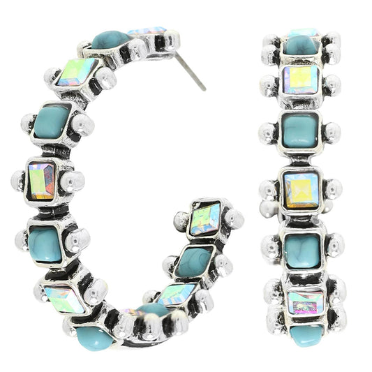 Western Square Cut Crystal Hoop Earrings : Iridescent Turquoise