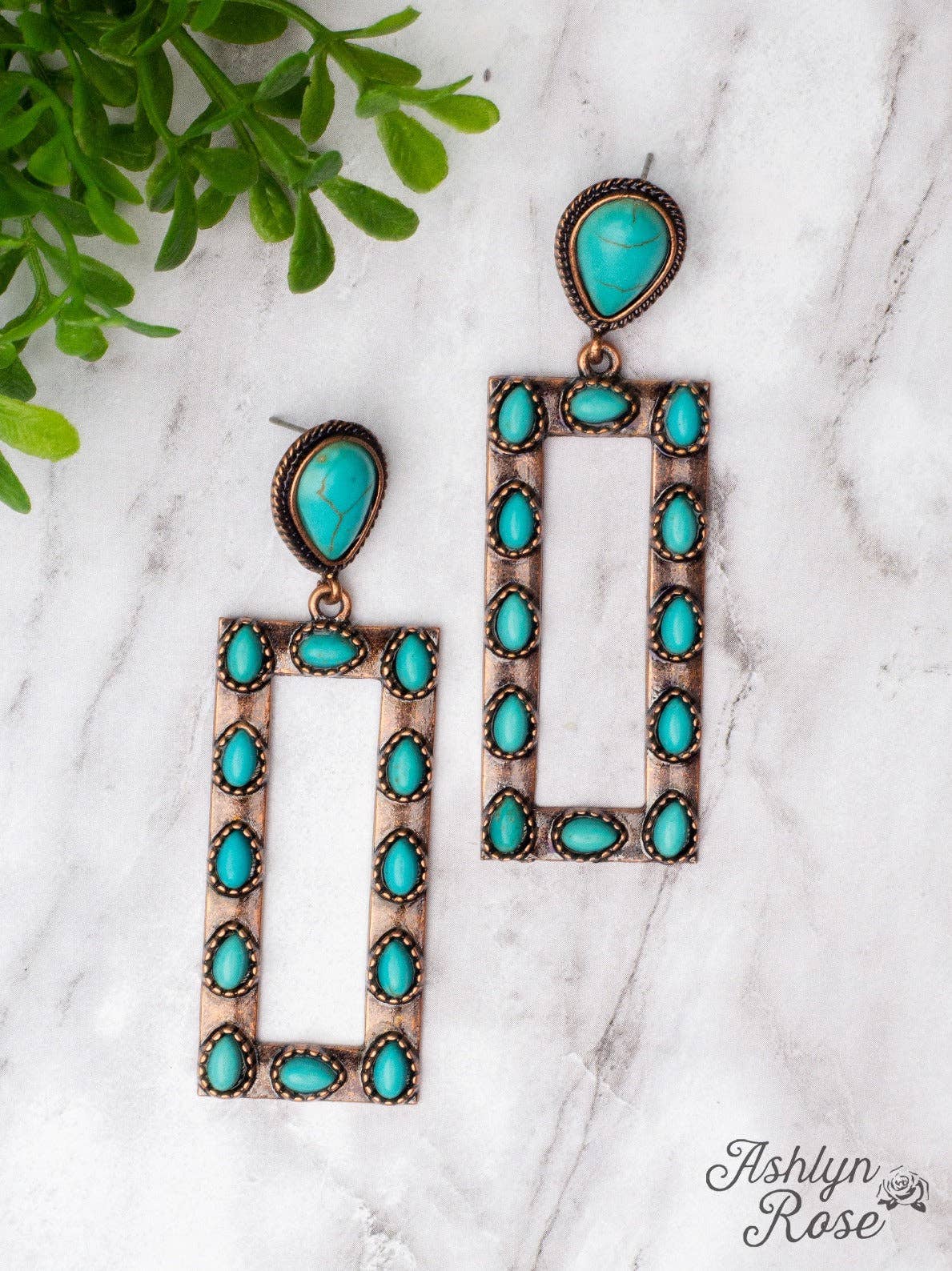 Let's Go Square Dancing Teardrop Turquoise Stone Copper Rectangle Earrings: Turquoise / One Size