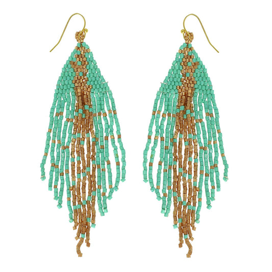 Western Native American Bead Fringe Earrings : Mint