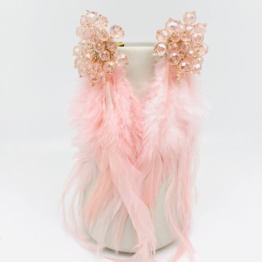 Hand-woven Flower-shaped Beaded Pink Feather Earrings: 2# Pink