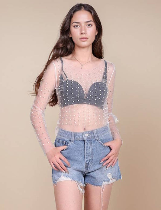 Pearl Rhinestone Studded See Through Mesh Crop Top (White)