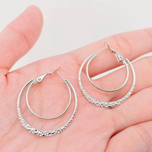Stainless Steel Double Loop Design Gold Plated Hoop Earrings: Steel color
