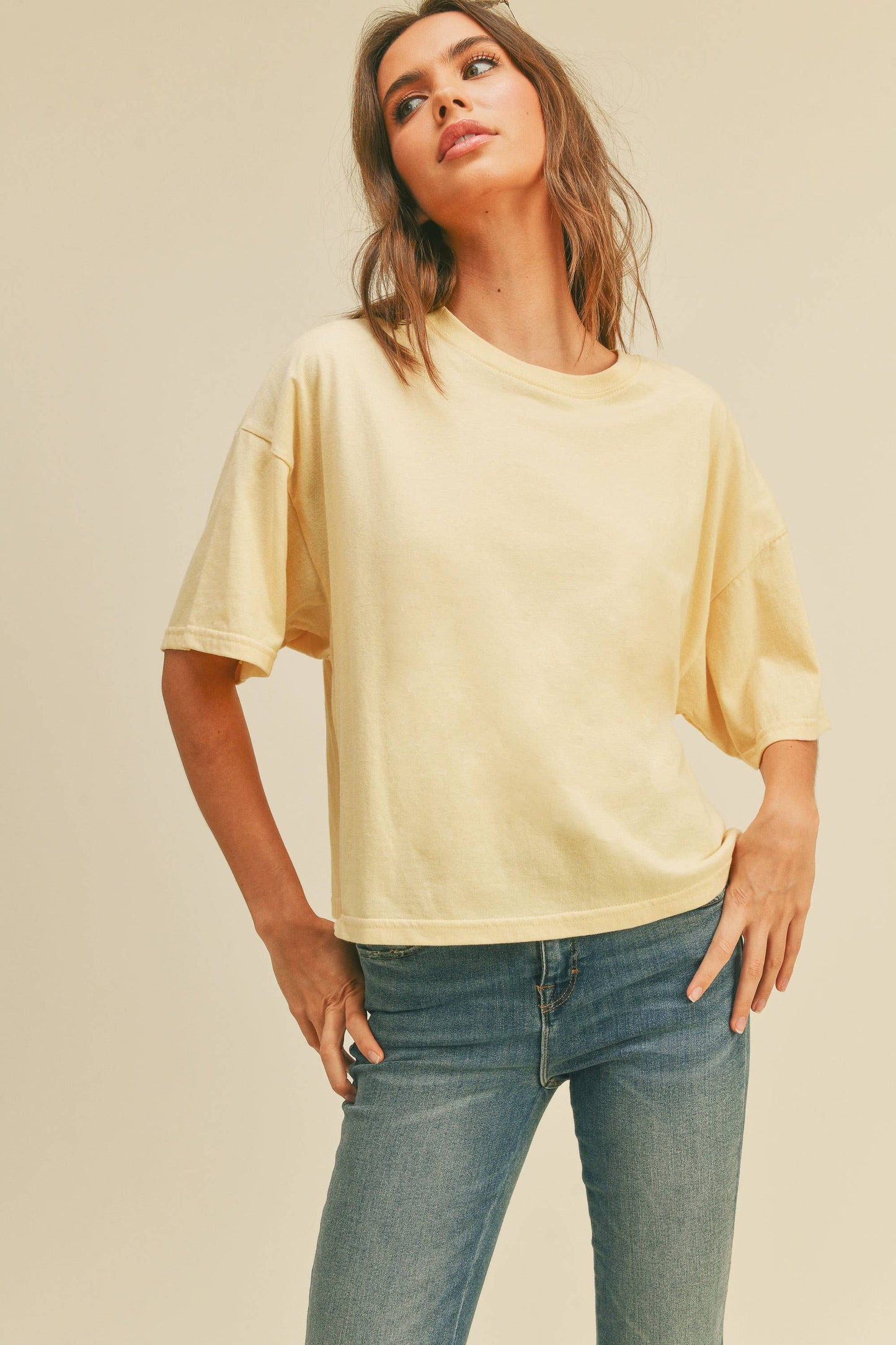 Blank Long Cropped Short Sleeve T-Shirt: VANILLA / L