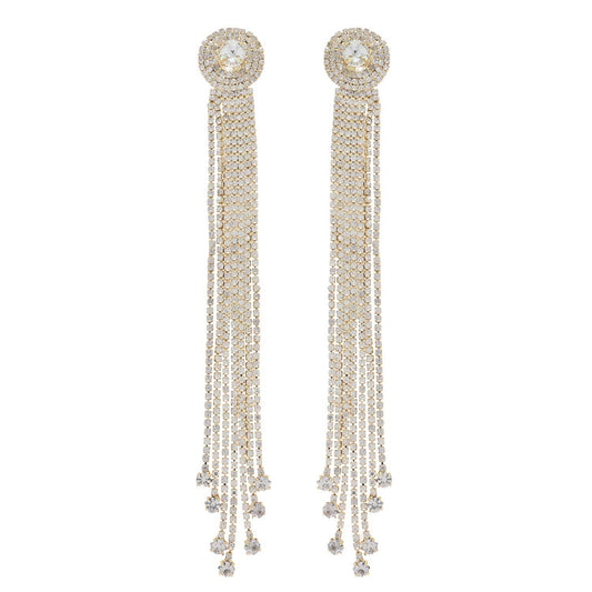 Crystal Rhinestone Tassel Long Drop Earrings: Gold