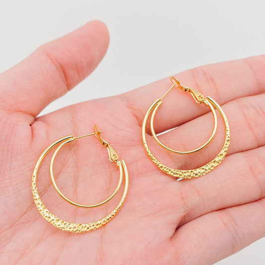 Stainless Steel Double Loop Design Gold Plated Hoop Earrings: Golden