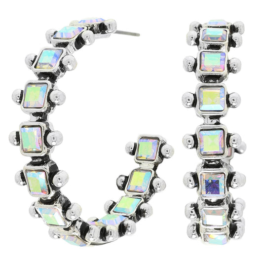Western Square Cut Crystal Hoop Earrings : Iridescent