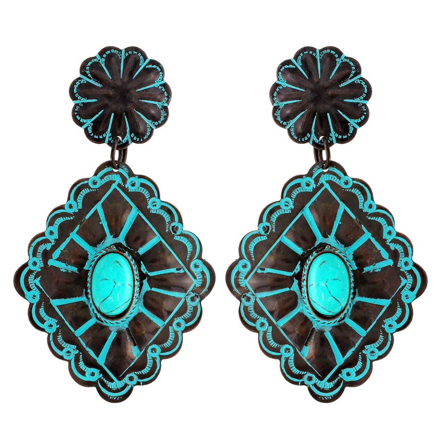 Turquoise Semi Stone Diamond Shaped Concho Dangle Earrings: Silver
