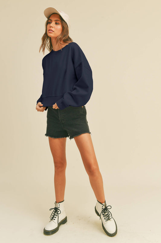 Blank Short Cropped Long Sleeve Sweatshirt: Navy / M