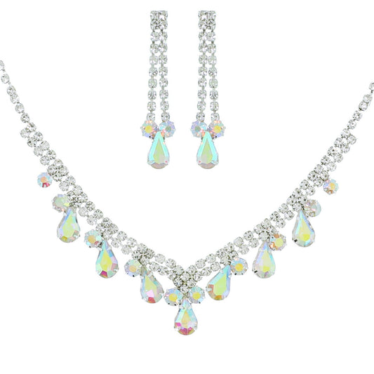 Teardrop Crystal Gemstone V-Shaped Necklace Set: Iridescent
