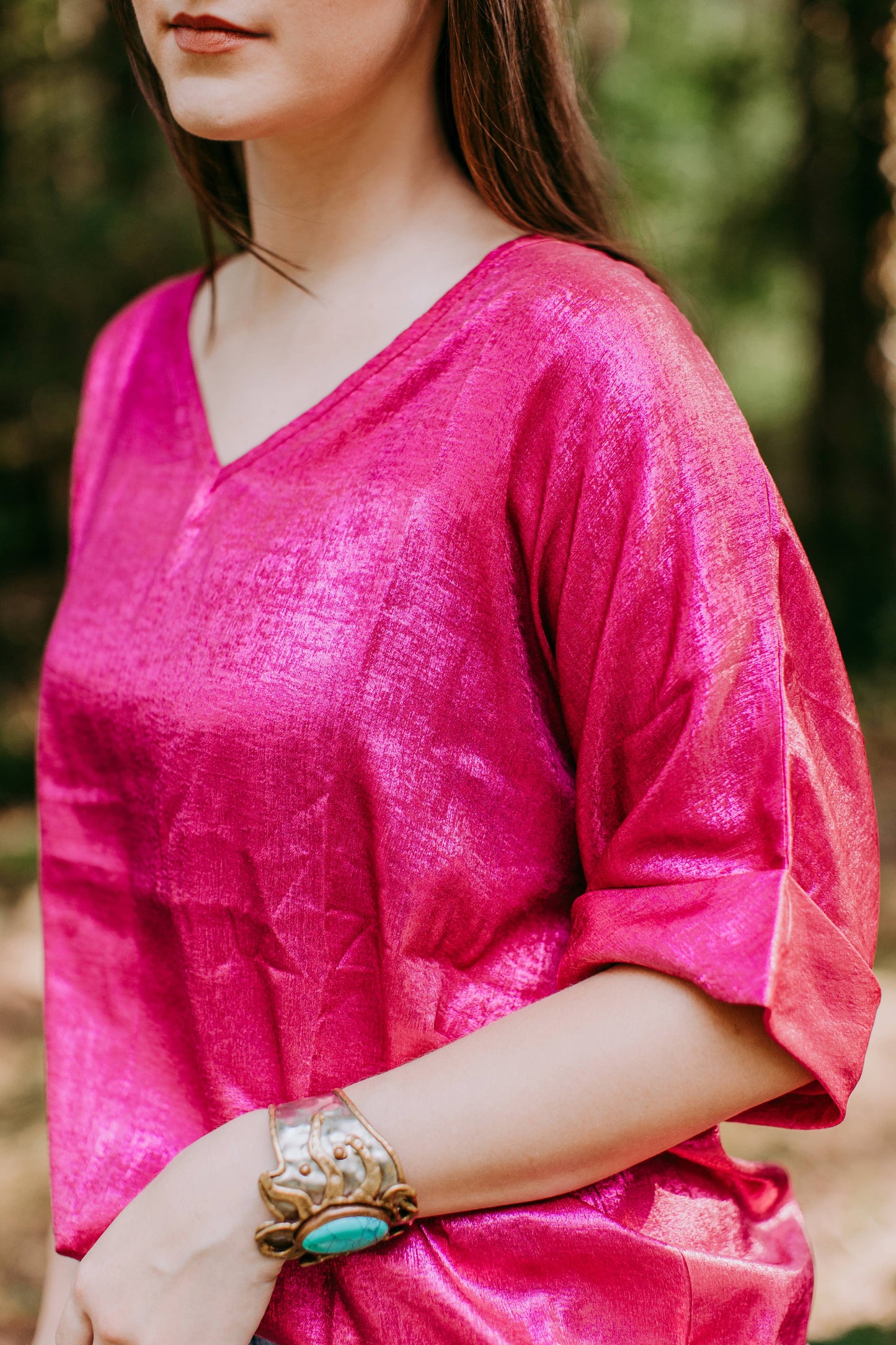MK440 Metallic Blouse - Pink: Pink / L