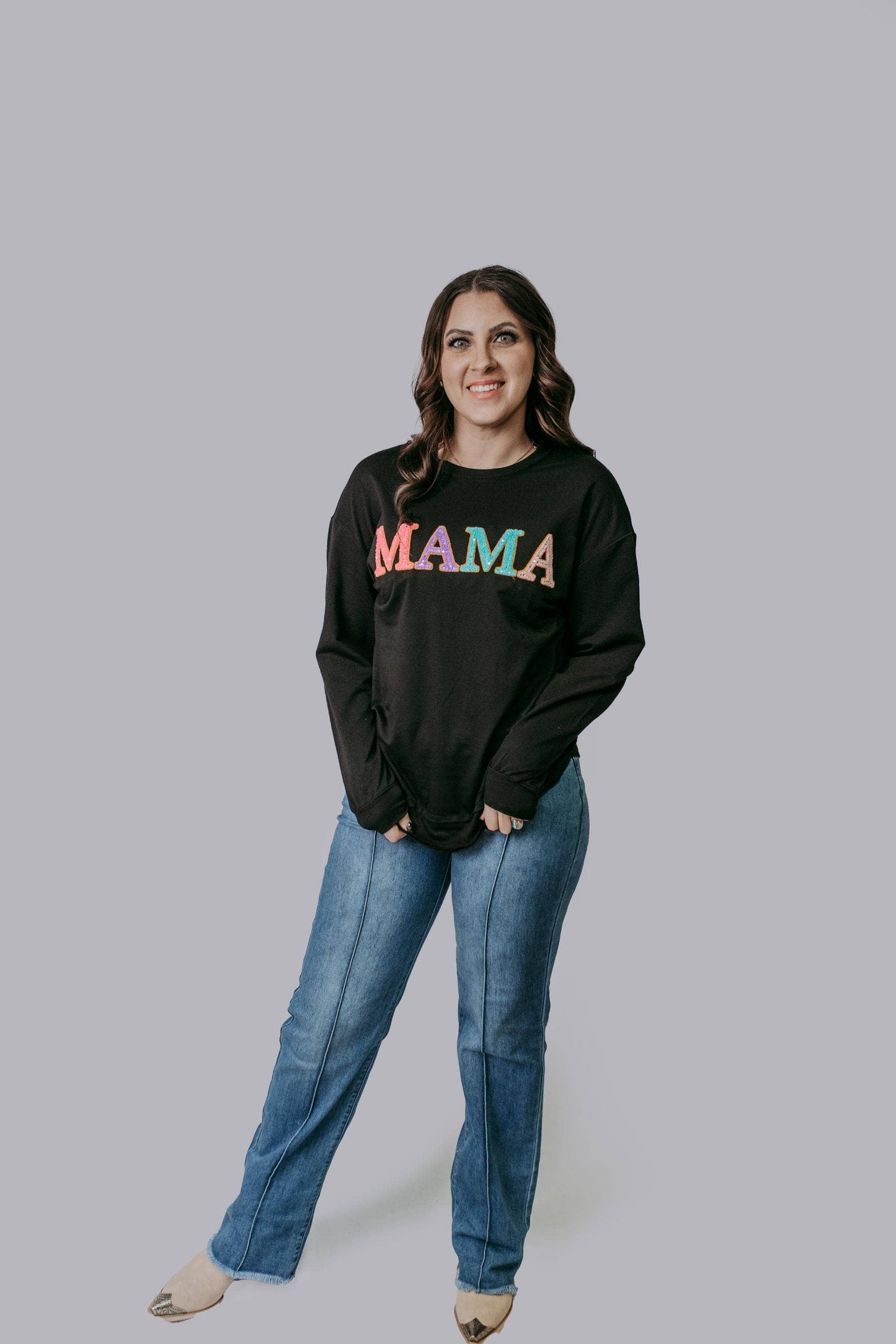 MK393 MAMA Chenille Sequins Embroidery Sweatshirt: Black / S