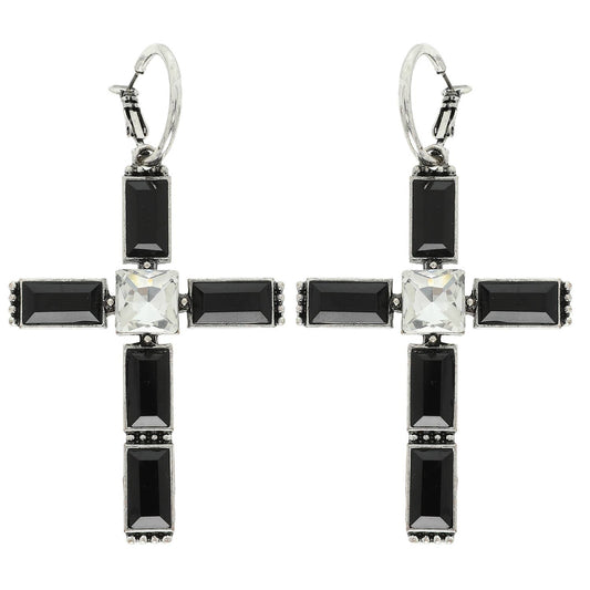 Western Gemstone Cross Hoop Earrings : Black