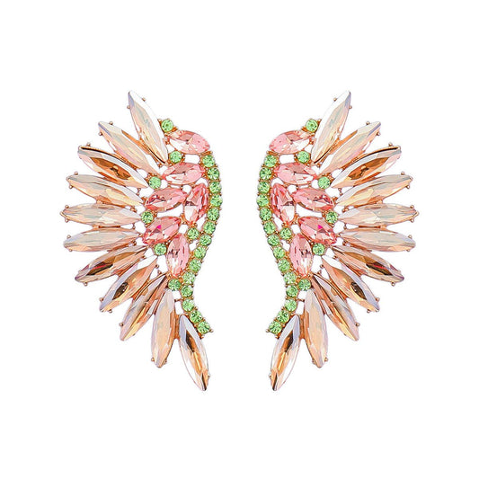 Colored Rhinestone Wing-shaped Earrings Bohemian Style: Golden Color