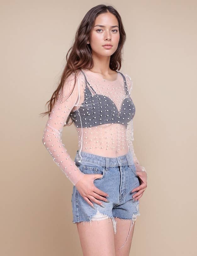Pearl Rhinestone Studded See Through Mesh Crop Top (White)