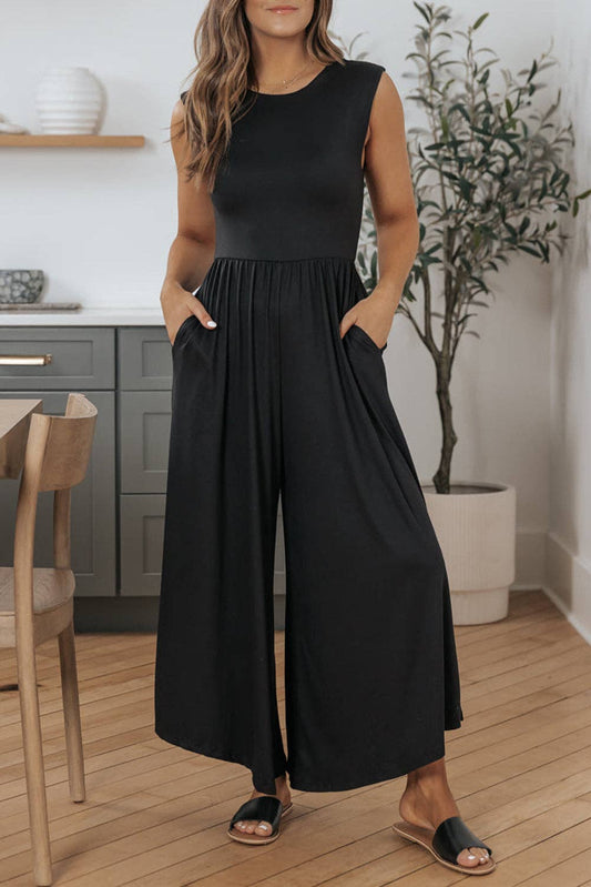 Low Back Wide Leg Jumpsuit: Black / M