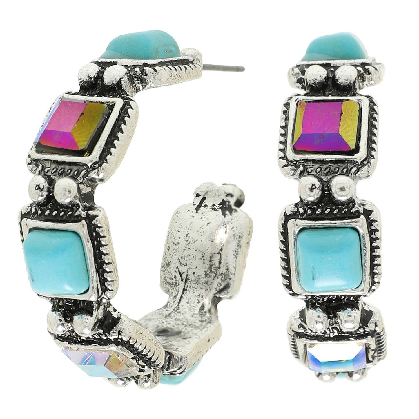 Western Crystal Turquoise Hoop Earrings : Iridescent