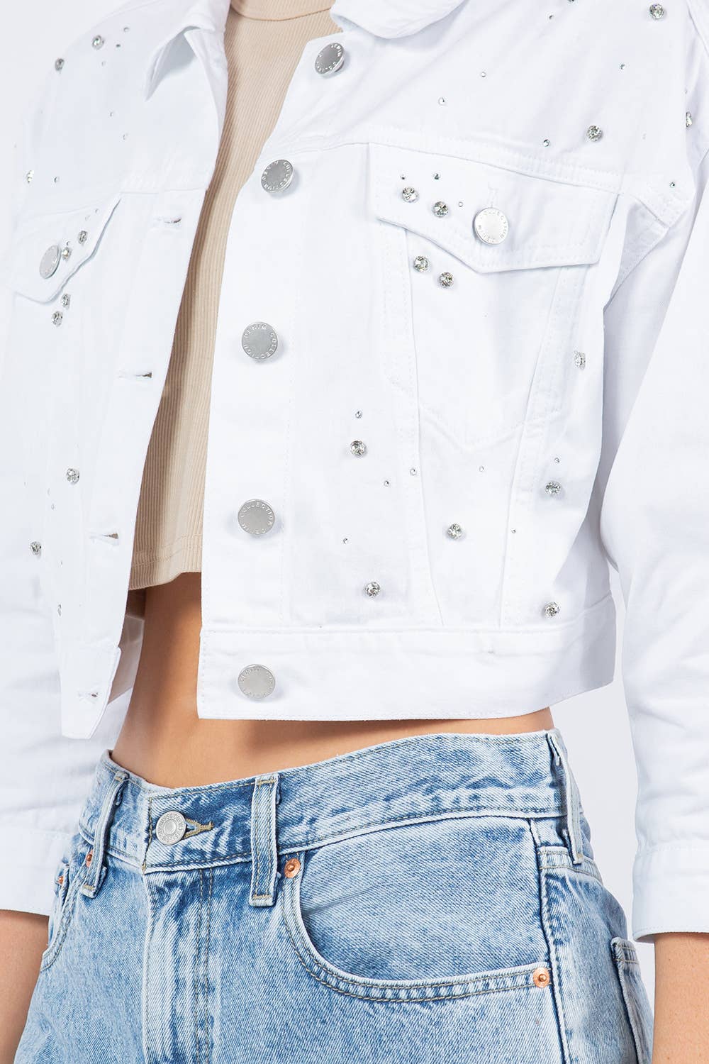 Rhinestone Crop Denim Jacket: Med Wash / L