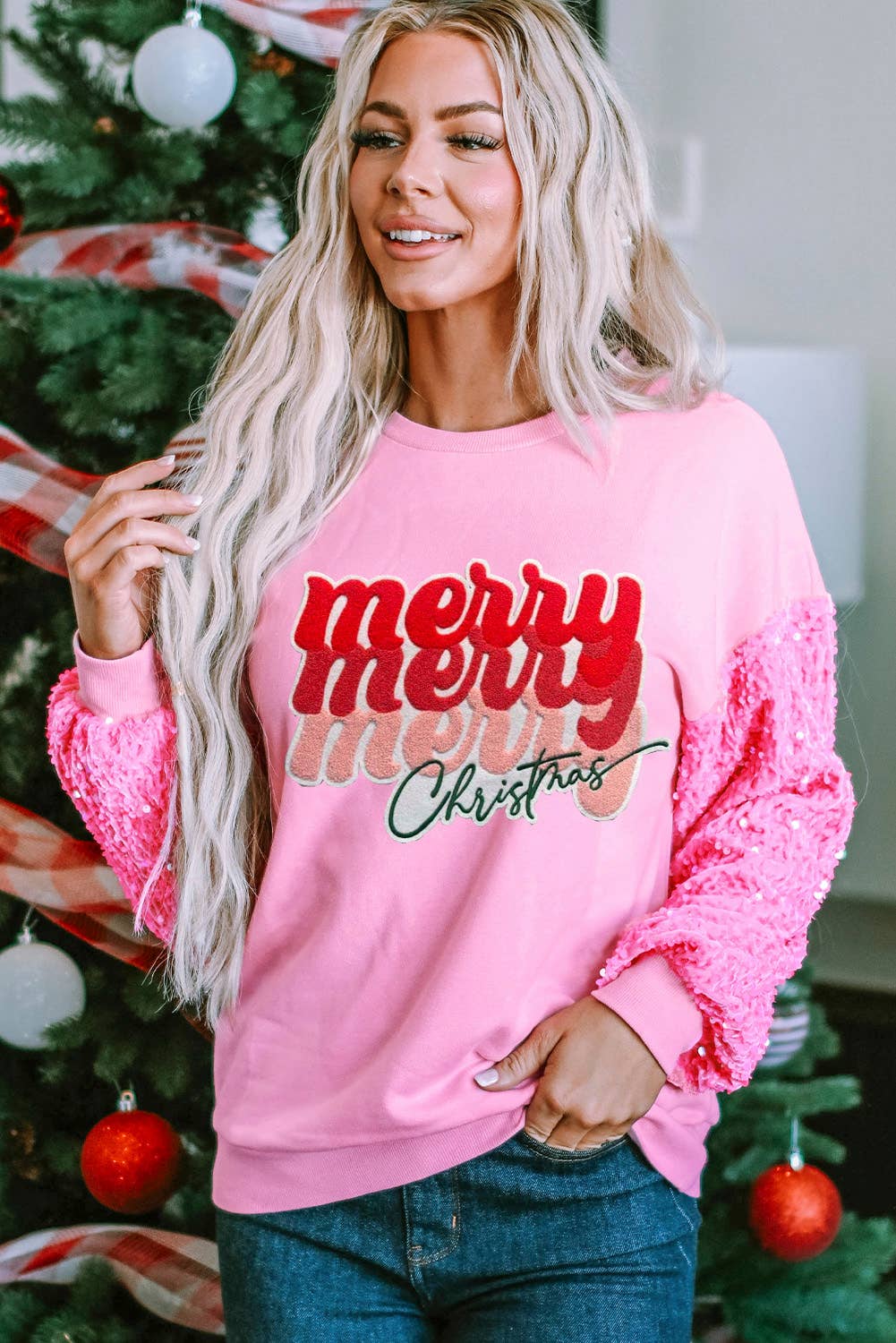 Merry Christmas Graphic Sequin Sleeve Top | S-XL: As shown / Missy / L