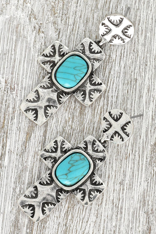 Western Turquoise Filigree Cross Earrings