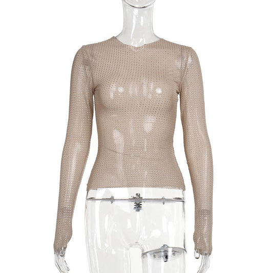 Allover Rhinestone semi sheer mesh See Through Top: Nude