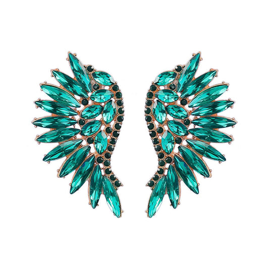 Colored Rhinestone Wing-shaped Earrings Bohemian Style: Green