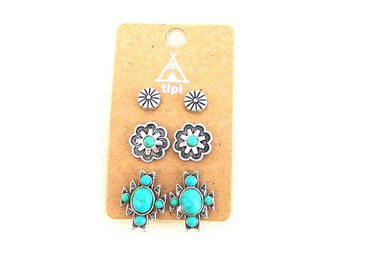 Western 3 Pair Turquoise Earring Set: TURQUOISE