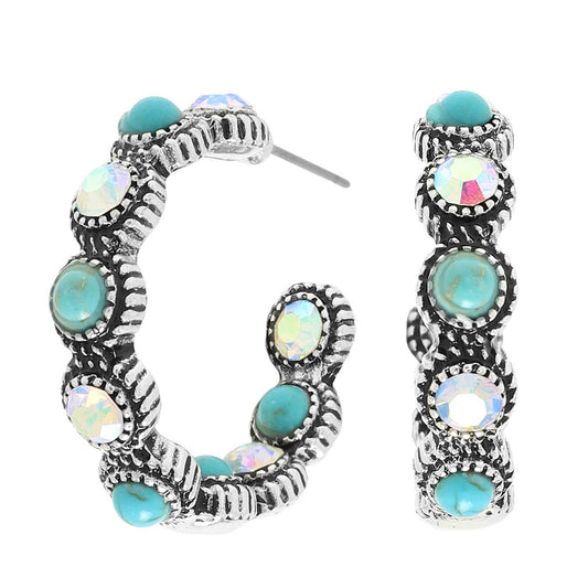 Western Multicolored Crystal Hoop Earrings : Iridescent Turquoise