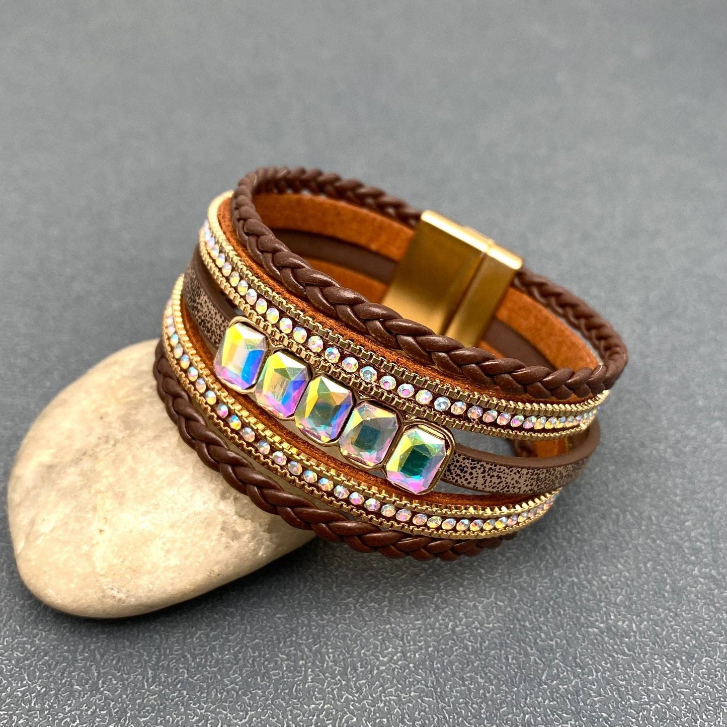 Boho Sparkling Rhinestone Multi-layer Leather Bracelet - LB: White