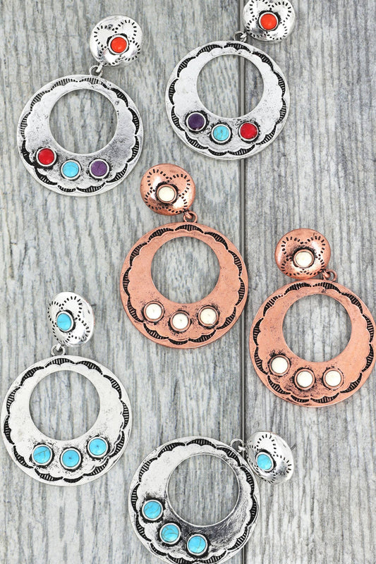 2 Tier Western Semi Stone Open Circle Dangle Earrings: Copper White