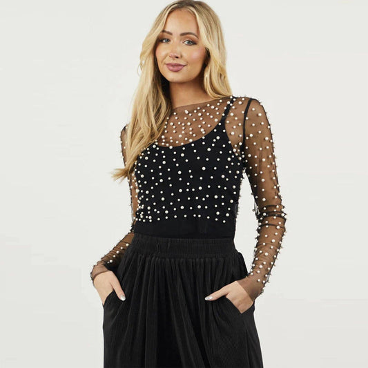 Sparkle Pearl Studded Sheer Mesh See Through Top (Black)