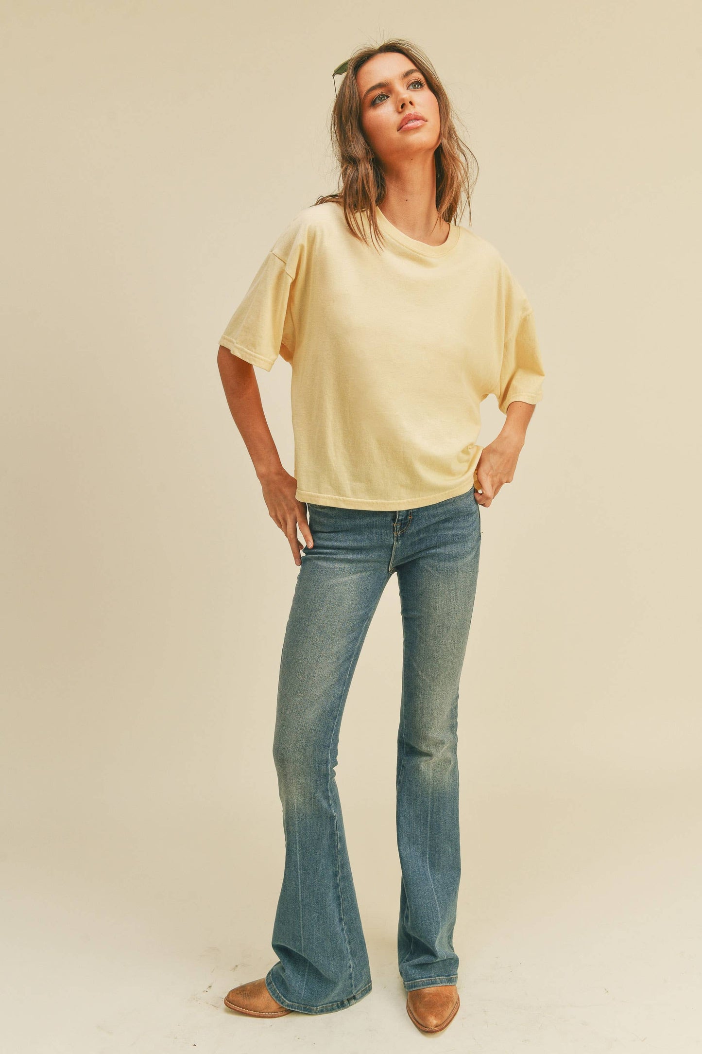 Blank Long Cropped Short Sleeve T-Shirt: VANILLA / L