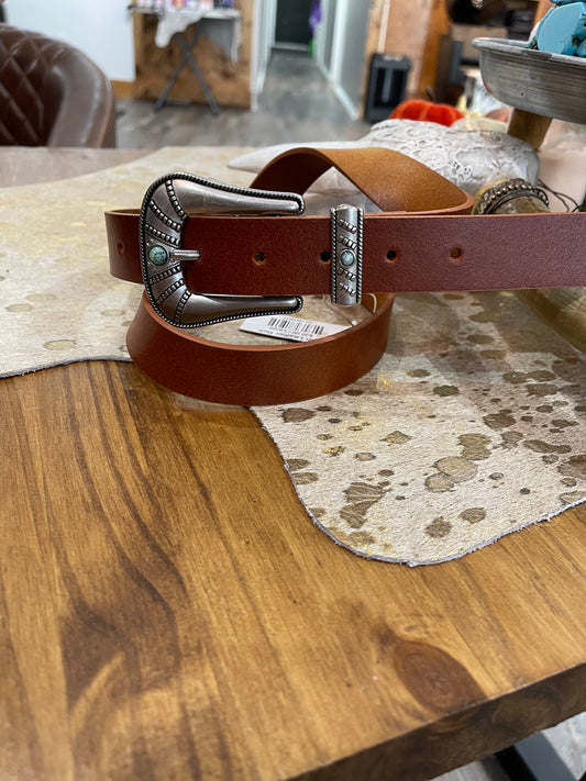 Brown leather belt with beaded turquoise buckle