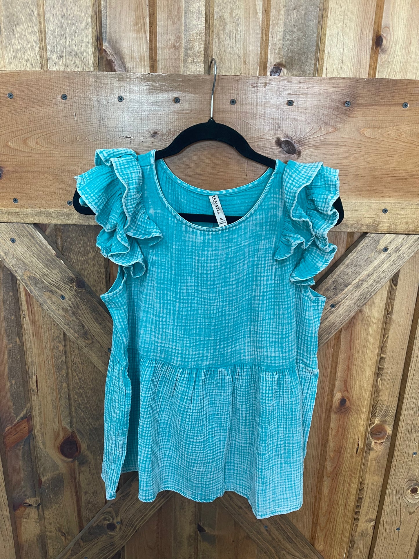 Gauze Acid Washed Ruffle Peplum Top (Turquoise)