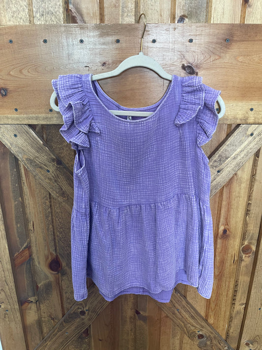 Gauze Acid Washed Ruffle Peplum Top (Lavender)