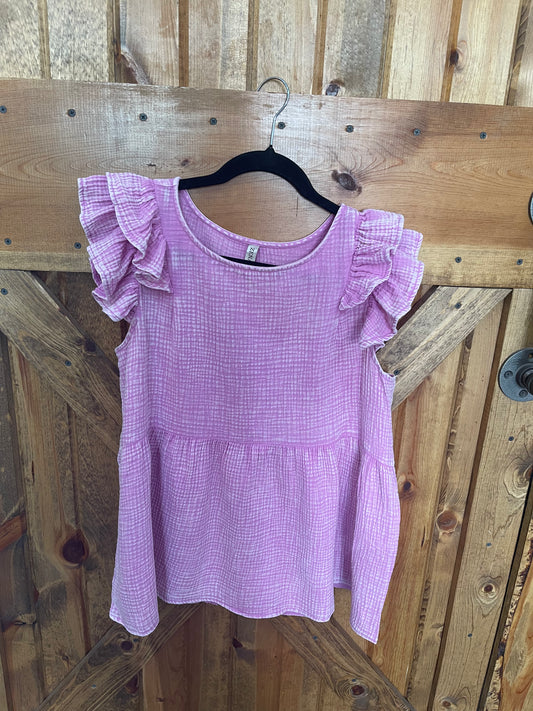 Gauze Acid Wash Ruffle Peplum Top (Mauve)