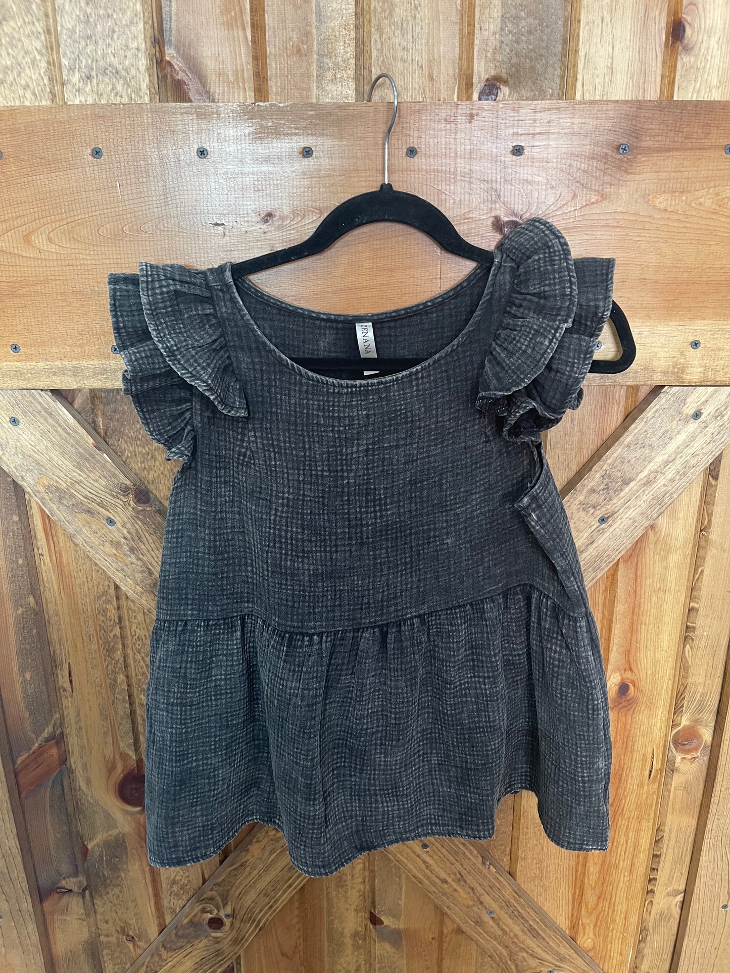 Gauze Acid Washed Ruffle Peplum Top (Black)