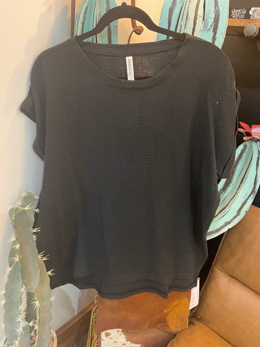 Gauze Folded Sleeve Top (Black)