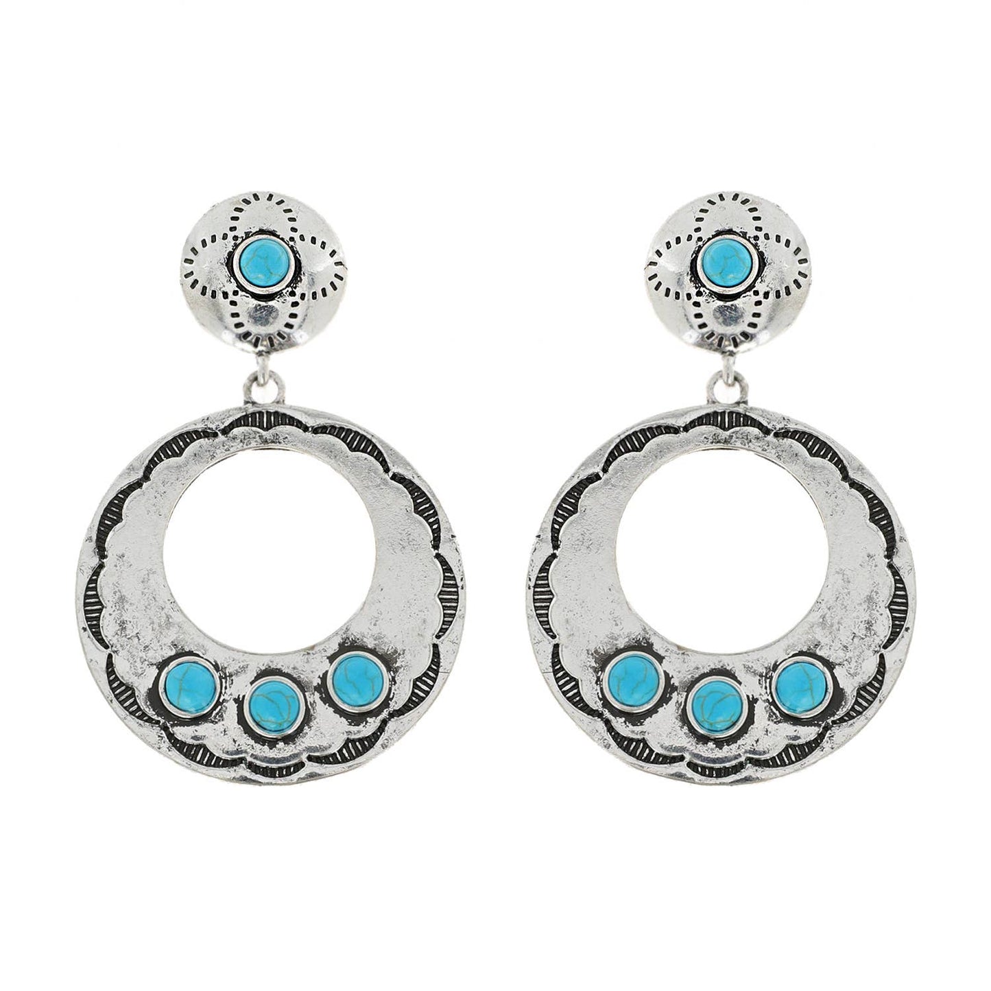 2 Tier Western Semi Stone Open Circle Dangle Earrings: Copper White