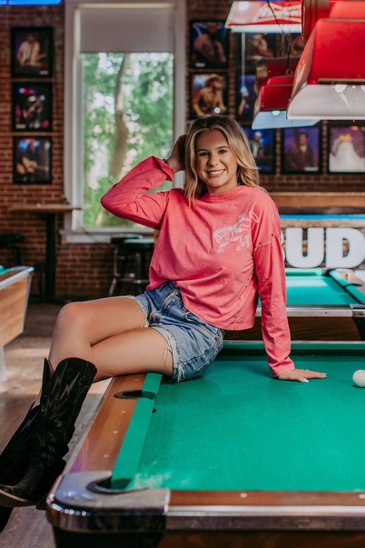 MK449 Acid Washed Embroidery Studded LS Crop Sweatshirt Pink: Pink / M