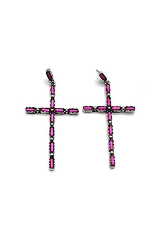 WESTERN CROSS DESIGN POST EARRINGS: FUCHSIA
