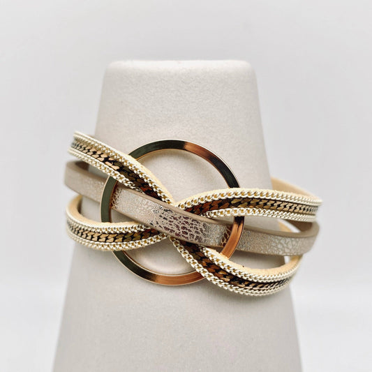 Magnetic Buckle Ring Charm Leather Bangle Bracelet - BJ/LB: Beige