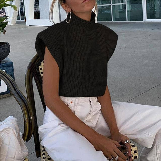 Turtleneck knit vest short sweater vest: Black