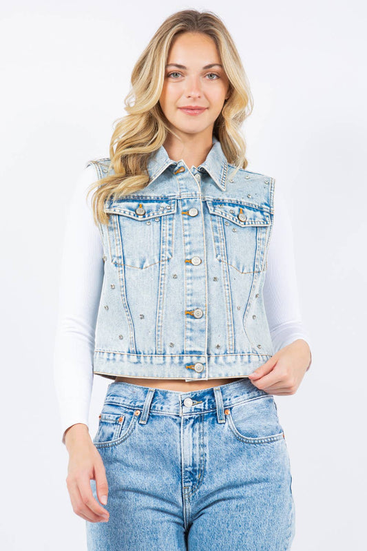 Iconic Denim Vest Jacket with Rhinestones: Med Wash / M